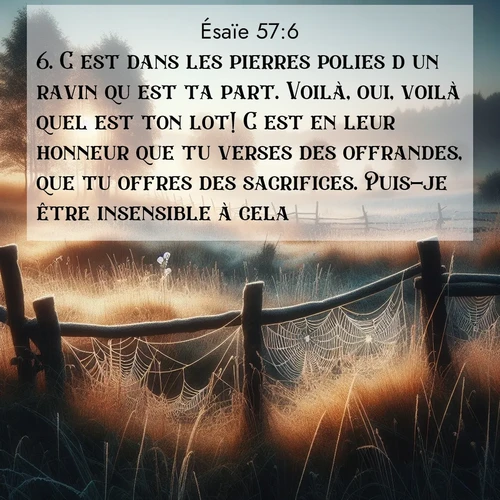 citation biblique : 6. C&#039;est dans les pierres polies d&#039;un ravin qu&#039;est ta part. Voilà, oui, voilà quel est ton lot! C&#039;est en leur honneur que tu verses des offrandes, que tu offres des sacrifices. Puis-je être insensible à cela?
 sur fond image nature