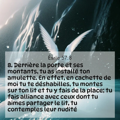 citation biblique : 8. Derrière la porte et ses montants, tu as installé ton amulette. En effet, en cachette de moi tu te déshabilles, tu montes sur ton lit et tu y fais de la place; tu fais alliance avec ceux dont tu aimes partager le lit, tu contemples leur nudité.
 sur fond image nature