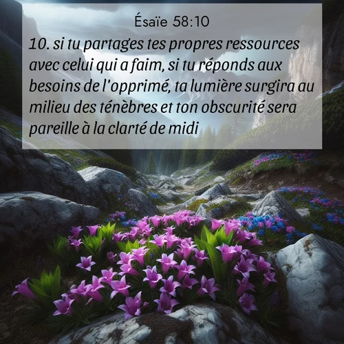 citation biblique : 10. si tu partages tes propres ressources avec celui qui a faim, si tu réponds aux besoins de l&#039;opprimé, ta lumière surgira au milieu des ténèbres et ton obscurité sera pareille à la clarté de midi.
 sur fond image nature