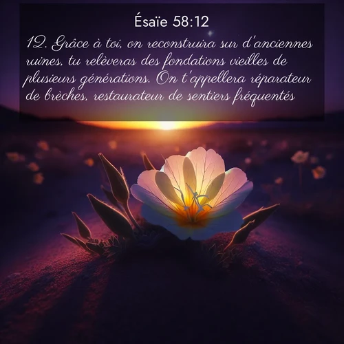 citation biblique : 12. Grâce à toi, on reconstruira sur d&#039;anciennes ruines, tu relèveras des fondations vieilles de plusieurs générations. On t&#039;appellera réparateur de brèches, restaurateur de sentiers fréquentés.
 sur fond image nature