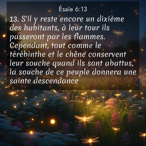 Segond21 Ésaïe  ; image nature: image avec le verset biblique :S&#039;il y reste encore un dixième des habitants, à leur tour ils passeront par les flammes. Cependant, tout comme le térébinthe et le chêne conservent leur souche quand ils sont abattus, la souche de ce peuple donnera une sainte descendance.» ;  ; 6:13