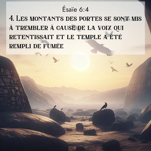 Segond21 Ésaïe  ; image nature: image avec le verset biblique :Les montants des portes se sont mis à trembler à cause de la voix qui retentissait et le temple a été rempli de fumée. ;  ; 6:4