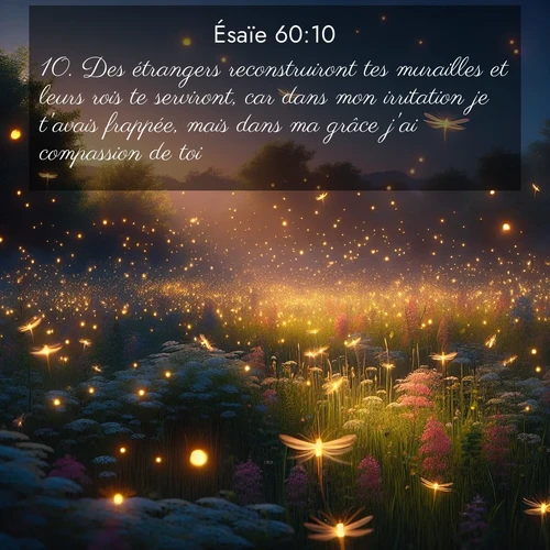 Segond21 Ésaïe  ; image nature: image avec le verset biblique :Des étrangers reconstruiront tes murailles et leurs rois te serviront, car dans mon irritation je t&#039;avais frappée, mais dans ma grâce j&#039;ai compassion de toi. ;  ; 60:10