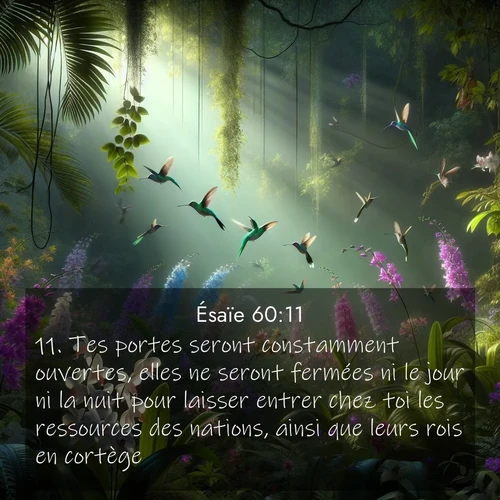 Segond21 Ésaïe  ; image nature: image avec le verset biblique :Tes portes seront constamment ouvertes, elles ne seront fermées ni le jour ni la nuit pour laisser entrer chez toi les ressources des nations, ainsi que leurs rois en cortège. ;  ; 60:11