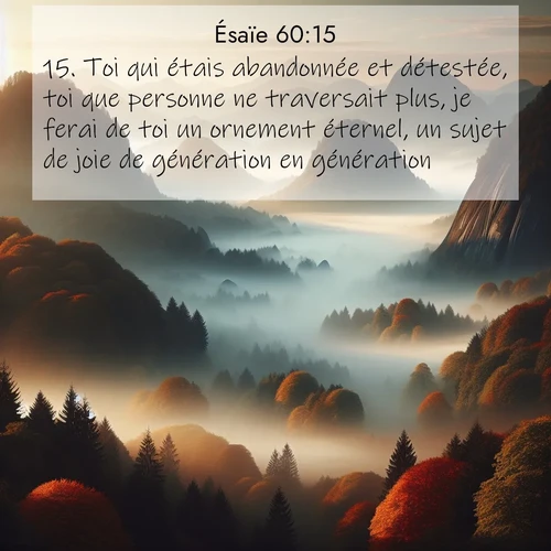 Segond21 Ésaïe  ; image nature: image avec le verset biblique :Toi qui étais abandonnée et détestée, toi que personne ne traversait plus, je ferai de toi un ornement éternel, un sujet de joie de génération en génération. ;  ; 60:15