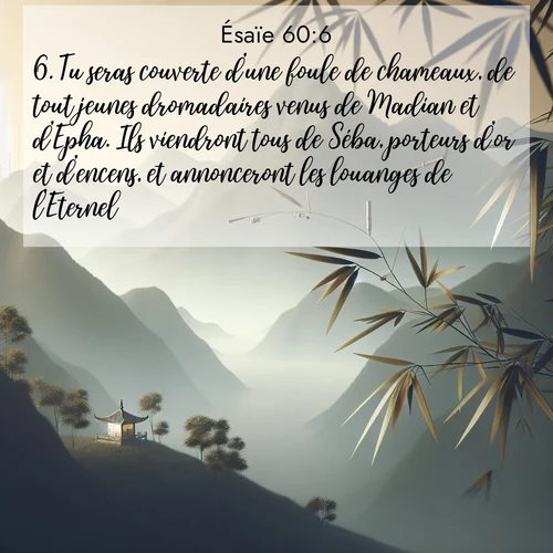 Segond21 Ésaïe  ; image nature: image avec le verset biblique :Tu seras couverte d&#039;une foule de chameaux, de tout jeunes dromadaires venus de Madian et d&#039;Epha. Ils viendront tous de Séba, porteurs d&#039;or et d&#039;encens, et annonceront les louanges de l&#039;Eternel. ;  ; 60:6