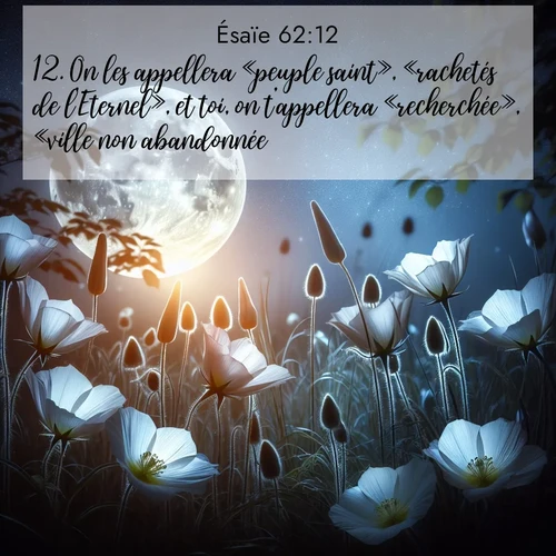 Segond21 Ésaïe  ; image nature: image avec le verset biblique :On les appellera «peuple saint», «rachetés de l&#039;Eternel», et toi, on t&#039;appellera «recherchée», «ville non abandonnée». ;  ; 62:12