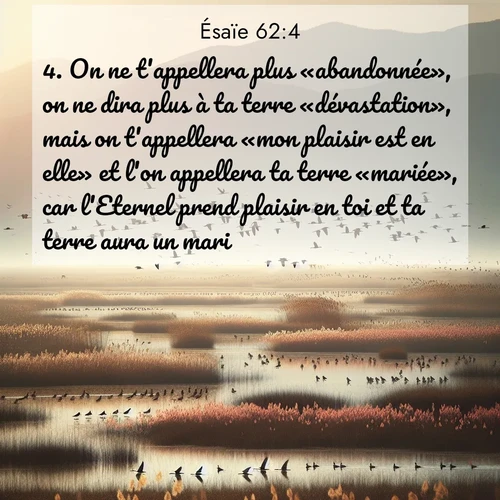 Segond21 Ésaïe  ; image nature: image avec le verset biblique :On ne t&#039;appellera plus «abandonnée», on ne dira plus à ta terre «dévastation», mais on t&#039;appellera «mon plaisir est en elle» et l&#039;on appellera ta terre «mariée», car l&#039;Eternel prend plaisir en toi et ta terre aura un mari. ;  ; 62:4