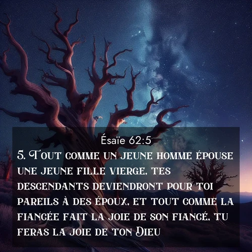 Segond21 Ésaïe  ; image nature: image avec le verset biblique :Tout comme un jeune homme épouse une jeune fille vierge, tes descendants deviendront pour toi pareils à des époux, et tout comme la fiancée fait la joie de son fiancé, tu feras la joie de ton Dieu. ;  ; 62:5