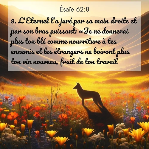 Segond21 Ésaïe  ; image nature: image avec le verset biblique :L&#039;Eternel l&#039;a juré par sa main droite et par son bras puissant: «Je ne donnerai plus ton blé comme nourriture à tes ennemis et les étrangers ne boiront plus ton vin nouveau, fruit de ton travail, ;  ; 62:8