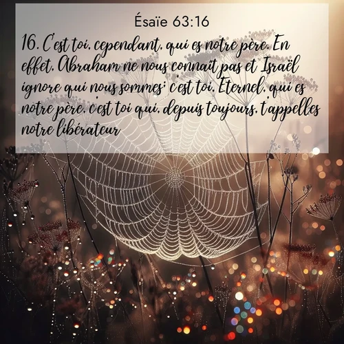 Segond21 Ésaïe  ; image nature: image avec le verset biblique :C&#039;est toi, cependant, qui es notre père. En effet, Abraham ne nous connaît pas et Israël ignore qui nous sommes; c&#039;est toi, Eternel, qui es notre père, c&#039;est toi qui, depuis toujours, t&#039;appelles notre libérateur. ;  ; 63:16