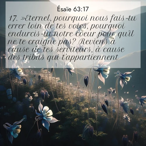 Segond21 Ésaïe  ; image nature: image avec le verset biblique :»Eternel, pourquoi nous fais-tu errer loin de tes voies, pourquoi endurcis-tu notre coeur pour qu&#039;il ne te craigne pas? Reviens à cause de tes serviteurs, à cause des tribus qui t&#039;appartiennent! ;  ; 63:17
