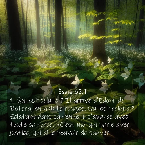 Segond21 Ésaïe  ; image nature: image avec le verset biblique :Qui est celui-ci? Il arrive d&#039;Edom, de Botsra, en habits rouges. Qui est celui-ci? Eclatant dans sa tenue, il s&#039;avance avec toute sa force. «C&#039;est moi qui parle avec justice, qui ai le pouvoir de sauver.» ;  ; 63:1
