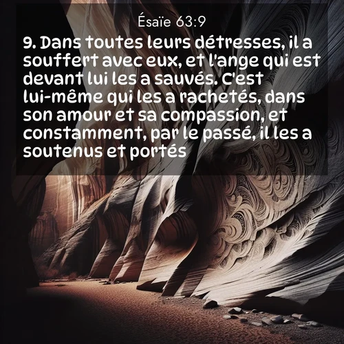 Segond21 Ésaïe  ; image nature: image avec le verset biblique :Dans toutes leurs détresses, il a souffert avec eux, et l&#039;ange qui est devant lui les a sauvés. C&#039;est lui-même qui les a rachetés, dans son amour et sa compassion, et constamment, par le passé, il les a soutenus et portés. ;  ; 63:9