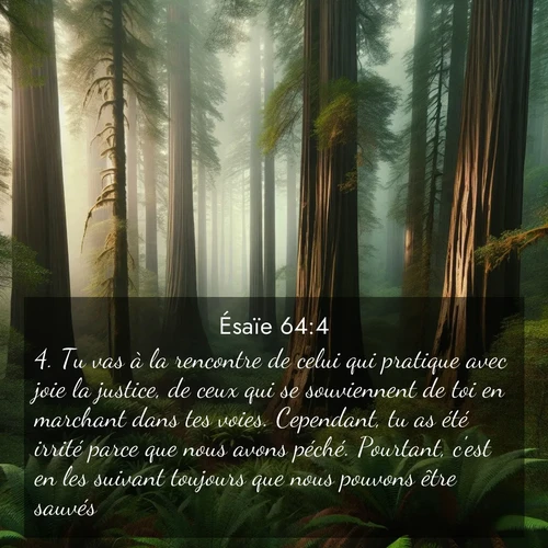 Segond21 Ésaïe  ; image nature: image avec le verset biblique :Tu vas à la rencontre de celui qui pratique avec joie la justice, de ceux qui se souviennent de toi en marchant dans tes voies. Cependant, tu as été irrité parce que nous avons péché. Pourtant, c&#039;est en les suivant toujours que nous pouvons être sauvés. ;  ; 64:4