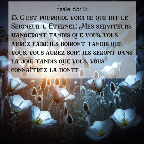 citation biblique : 13. C&#039;est pourquoi, voici ce que dit le Seigneur, l&#039;Eternel: Mes serviteurs mangeront tandis que vous, vous aurez faim; ils boiront tandis que vous, vous aurez soif; ils seront dans la joie tandis que vous, vous connaîtrez la honte;
 sur fond image nature