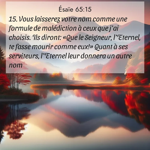Segond21 Ésaïe  ; image nature: image avec le verset biblique :Vous laisserez votre nom comme une formule de malédiction à ceux que j&#039;ai choisis. Ils diront: «Que le Seigneur, l&#039;Eternel, te fasse mourir comme eux!» Quant à ses serviteurs, l&#039;Eternel leur donnera un autre nom. ;  ; 65:15