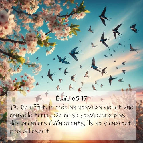 Segond21 Ésaïe  ; image nature: image avec le verset biblique :En effet, je crée un nouveau ciel et une nouvelle terre. On ne se souviendra plus des premiers événements, ils ne viendront plus à l&#039;esprit. ;  ; 65:17