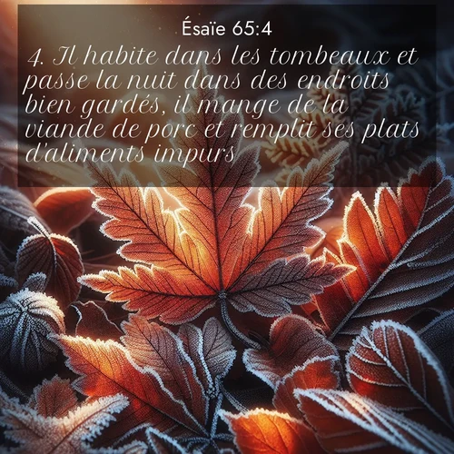 Segond21 Ésaïe  ; image nature: image avec le verset biblique :Il habite dans les tombeaux et passe la nuit dans des endroits bien gardés, il mange de la viande de porc et remplit ses plats d&#039;aliments impurs. ;  ; 65:4