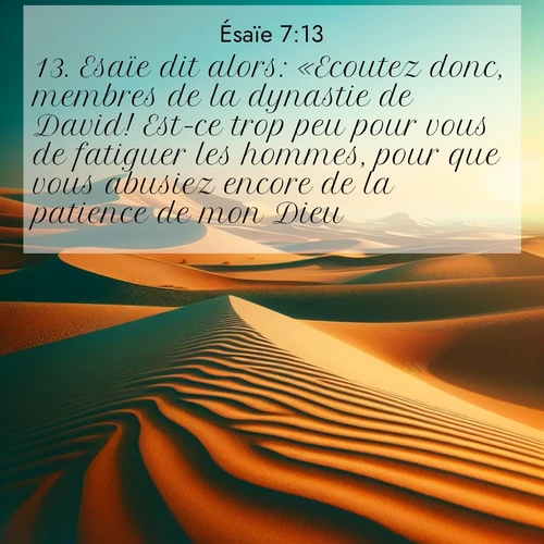 Segond21 Ésaïe  ; image nature: image avec le verset biblique :Esaïe dit alors: «Ecoutez donc, membres de la dynastie de David! Est-ce trop peu pour vous de fatiguer les hommes, pour que vous abusiez encore de la patience de mon Dieu? ;  ; 7:13