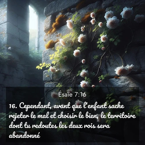 Segond21 Ésaïe  ; image nature: image avec le verset biblique :Cependant, avant que l&#039;enfant sache rejeter le mal et choisir le bien, le territoire dont tu redoutes les deux rois sera abandonné. ;  ; 7:16