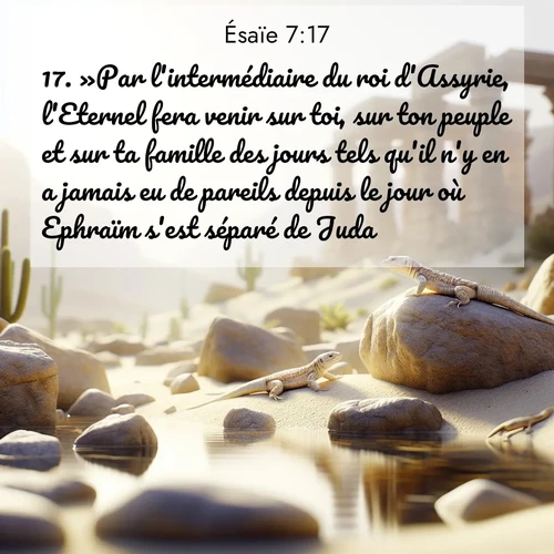 Segond21 Ésaïe  ; image nature: image avec le verset biblique :»Par l&#039;intermédiaire du roi d&#039;Assyrie, l&#039;Eternel fera venir sur toi, sur ton peuple et sur ta famille des jours tels qu&#039;il n&#039;y en a jamais eu de pareils depuis le jour où Ephraïm s&#039;est séparé de Juda. ;  ; 7:17