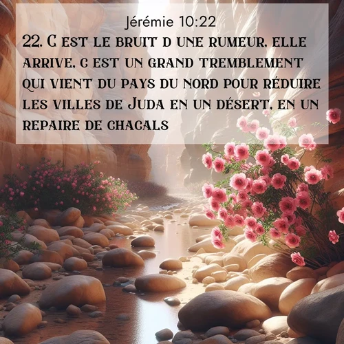 citation biblique : 22. C&#039;est le bruit d&#039;une rumeur, elle arrive, c&#039;est un grand tremblement qui vient du pays du nord pour réduire les villes de Juda en un désert, en un repaire de chacals.
 sur fond image nature