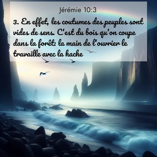citation biblique : 3. En effet, les coutumes des peuples sont vides de sens. C&#039;est du bois qu&#039;on coupe dans la forêt: la main de l&#039;ouvrier le travaille avec la hache,
 sur fond image nature