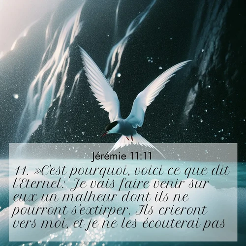 Segond21 Jérémie  ; image nature: image avec le verset biblique :»C&#039;est pourquoi, voici ce que dit l&#039;Eternel: Je vais faire venir sur eux un malheur dont ils ne pourront s&#039;extirper. Ils crieront vers moi, et je ne les écouterai pas. ;  ; 11:11