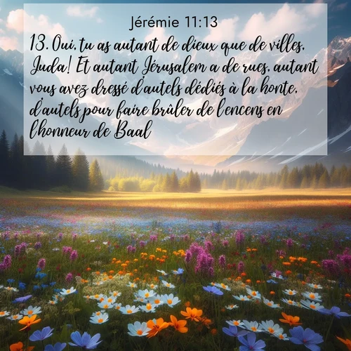 citation biblique : 13. Oui, tu as autant de dieux que de villes, Juda! Et autant Jérusalem a de rues, autant vous avez dressé d&#039;autels dédiés à la honte, d&#039;autels pour faire brûler de l&#039;encens en l&#039;honneur de Baal.
 sur fond image nature