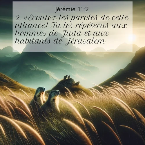 citation biblique : 2. «Ecoutez les paroles de cette alliance! Tu les répéteras aux hommes de Juda et aux habitants de Jérusalem
 sur fond image nature