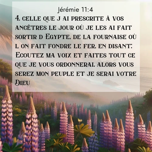 Segond21 Jérémie  ; image nature: image avec le verset biblique :celle que j&#039;ai prescrite à vos ancêtres le jour où je les ai fait sortir d&#039;Egypte, de la fournaise où l&#039;on fait fondre le fer, en disant: Ecoutez ma voix et faites tout ce que je vous ordonnerai, alors vous serez mon peuple et je serai votre Dieu. ;  ; 11:4