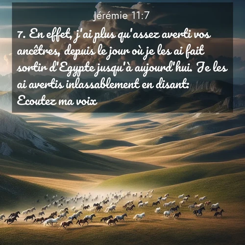 citation biblique : 7. En effet, j&#039;ai plus qu&#039;assez averti vos ancêtres, depuis le jour où je les ai fait sortir d&#039;Egypte jusqu&#039;à aujourd&#039;hui. Je les ai avertis inlassablement en disant: Ecoutez ma voix!
 sur fond image nature