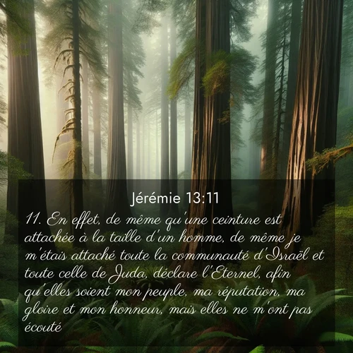 Segond21 Jérémie  ; image nature: image avec le verset biblique :En effet, de même qu&#039;une ceinture est attachée à la taille d&#039;un homme, de même je m&#039;étais attaché toute la communauté d&#039;Israël et toute celle de Juda, déclare l&#039;Eternel, afin qu&#039;elles soient mon peuple, ma réputation, ma gloire et mon honneur, mais elles ne m&#039;ont pas écouté. ;  ; 13:11