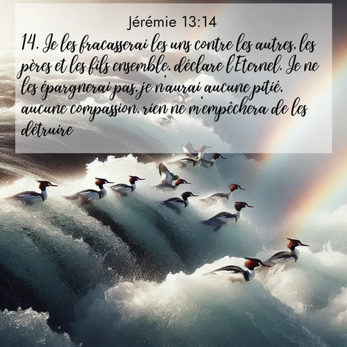 Segond21 Jérémie  ; image nature: image avec le verset biblique :Je les fracasserai les uns contre les autres, les pères et les fils ensemble, déclare l&#039;Eternel. Je ne les épargnerai pas, je n&#039;aurai aucune pitié, aucune compassion, rien ne m&#039;empêchera de les détruire.&#039; ;  ; 13:14
