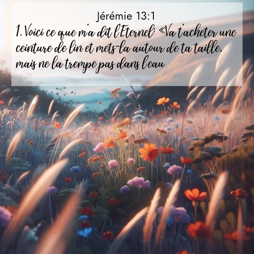 citation biblique : 1. Voici ce que m&#039;a dit l&#039;Eternel: «Va t&#039;acheter une ceinture de lin et mets-la autour de ta taille, mais ne la trempe pas dans l&#039;eau.»
 sur fond image nature