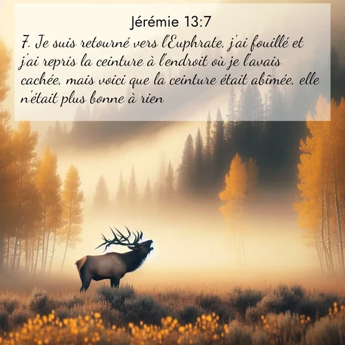 Segond21 Jérémie  ; image nature: image avec le verset biblique :Je suis retourné vers l&#039;Euphrate, j&#039;ai fouillé et j&#039;ai repris la ceinture à l&#039;endroit où je l&#039;avais cachée, mais voici que la ceinture était abîmée, elle n&#039;était plus bonne à rien. ;  ; 13:7