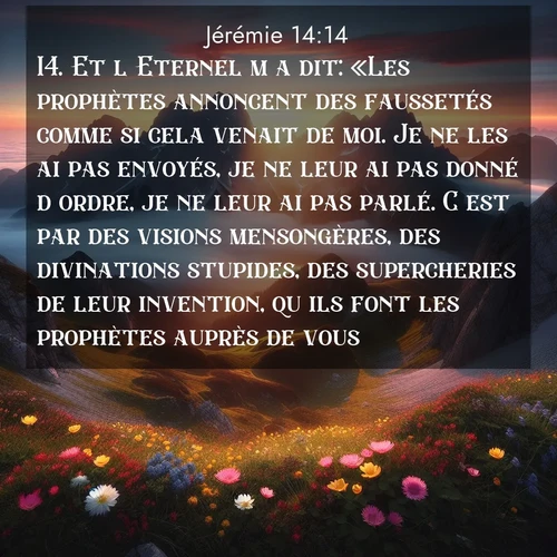 Segond21 Jérémie  ; image nature: image avec le verset biblique :Et l&#039;Eternel m&#039;a dit: «Les prophètes annoncent des faussetés comme si cela venait de moi. Je ne les ai pas envoyés, je ne leur ai pas donné d&#039;ordre, je ne leur ai pas parlé. C&#039;est par des visions mensongères, des divinations stupides, des supercheries de leur invention, qu&#039;ils font les prophètes auprès de vous. ;  ; 14:14