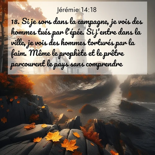 Segond21 Jérémie  ; image nature: image avec le verset biblique :Si je sors dans la campagne, je vois des hommes tués par l&#039;épée. Si j&#039;entre dans la ville, je vois des hommes torturés par la faim. Même le prophète et le prêtre parcourent le pays sans comprendre.&#039;» ;  ; 14:18