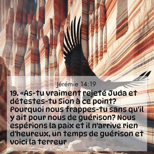 Segond21 Jérémie  ; image nature: image avec le verset biblique :«As-tu vraiment rejeté Juda et détestes-tu Sion à ce point? Pourquoi nous frappes-tu sans qu&#039;il y ait pour nous de guérison? Nous espérions la paix et il n&#039;arrive rien d&#039;heureux, un temps de guérison et voici la terreur! ;  ; 14:19