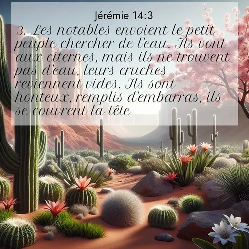 Segond21 Jérémie  ; image nature: image avec le verset biblique :Les notables envoient le petit peuple chercher de l&#039;eau. Ils vont aux citernes, mais ils ne trouvent pas d&#039;eau, leurs cruches reviennent vides. Ils sont honteux, remplis d&#039;embarras, ils se couvrent la tête. ;  ; 14:3