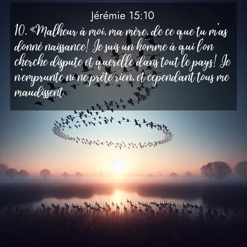 Segond21 Jérémie  ; image nature: image avec le verset biblique :«Malheur à moi, ma mère, de ce que tu m&#039;as donné naissance! Je suis un homme à qui l&#039;on cherche dispute et querelle dans tout le pays! Je n&#039;emprunte ni ne prête rien, et cependant tous me maudissent.» ;  ; 15:10