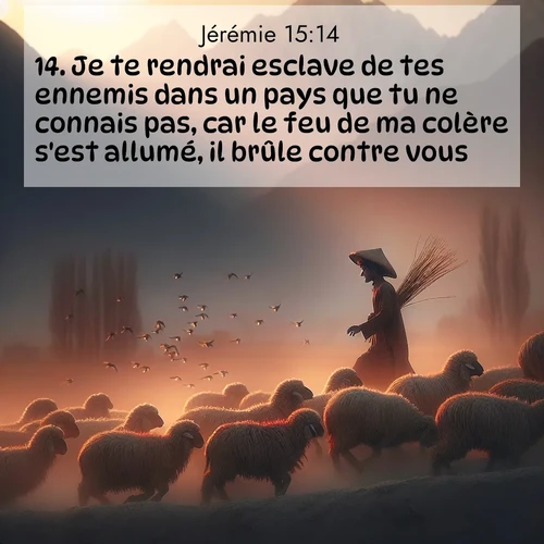Segond21 Jérémie  ; image nature: image avec le verset biblique :Je te rendrai esclave de tes ennemis dans un pays que tu ne connais pas, car le feu de ma colère s&#039;est allumé, il brûle contre vous.» ;  ; 15:14
