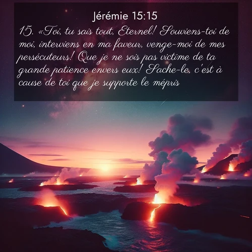 Segond21 Jérémie  ; image nature: image avec le verset biblique :«Toi, tu sais tout, Eternel! Souviens-toi de moi, interviens en ma faveur, venge-moi de mes persécuteurs! Que je ne sois pas victime de ta grande patience envers eux! Sache-le, c&#039;est à cause de toi que je supporte le mépris. ;  ; 15:15