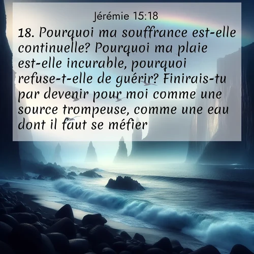 Segond21 Jérémie  ; image nature: image avec le verset biblique :Pourquoi ma souffrance est-elle continuelle? Pourquoi ma plaie est-elle incurable, pourquoi refuse-t-elle de guérir? Finirais-tu par devenir pour moi comme une source trompeuse, comme une eau dont il faut se méfier?» ;  ; 15:18
