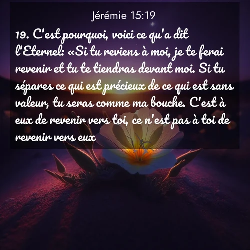 Segond21 Jérémie  ; image nature: image avec le verset biblique :C&#039;est pourquoi, voici ce qu&#039;a dit l&#039;Eternel: «Si tu reviens à moi, je te ferai revenir et tu te tiendras devant moi. Si tu sépares ce qui est précieux de ce qui est sans valeur, tu seras comme ma bouche. C&#039;est à eux de revenir vers toi, ce n&#039;est pas à toi de revenir vers eux. ;  ; 15:19