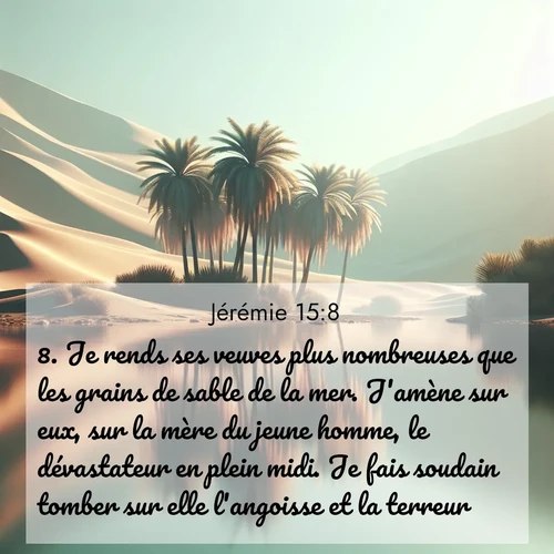 Segond21 Jérémie  ; image nature: image avec le verset biblique :Je rends ses veuves plus nombreuses que les grains de sable de la mer. J&#039;amène sur eux, sur la mère du jeune homme, le dévastateur en plein midi. Je fais soudain tomber sur elle l&#039;angoisse et la terreur. ;  ; 15:8