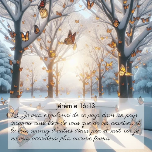 Segond21 Jérémie  ; image nature: image avec le verset biblique :Je vous expulserai de ce pays dans un pays inconnu aussi bien de vous que de vos ancêtres, et là vous servirez d&#039;autres dieux jour et nuit, car je ne vous accorderai plus aucune faveur.&#039; ;  ; 16:13