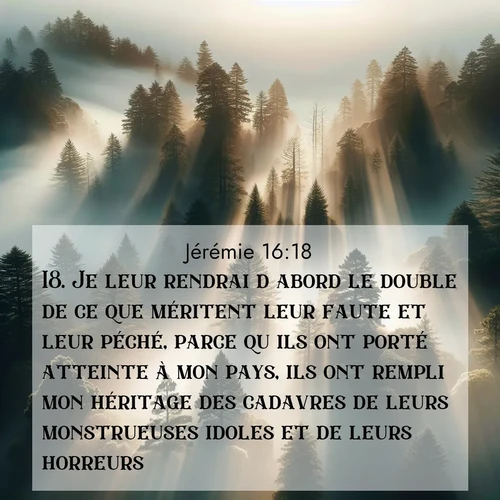 Segond21 Jérémie  ; image nature: image avec le verset biblique :Je leur rendrai d&#039;abord le double de ce que méritent leur faute et leur péché, parce qu&#039;ils ont porté atteinte à mon pays, ils ont rempli mon héritage des cadavres de leurs monstrueuses idoles et de leurs horreurs.» ;  ; 16:18