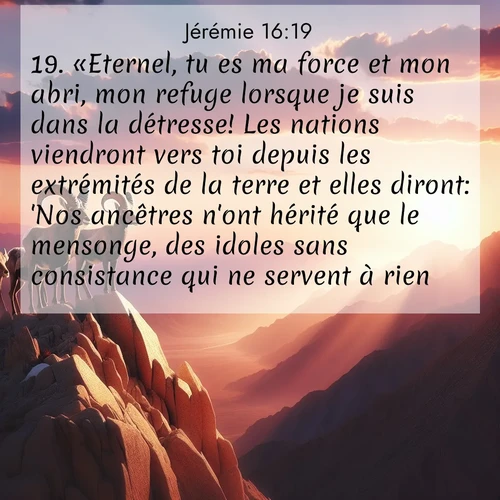 Segond21 Jérémie  ; image nature: image avec le verset biblique :«Eternel, tu es ma force et mon abri, mon refuge lorsque je suis dans la détresse! Les nations viendront vers toi depuis les extrémités de la terre et elles diront: &#039;Nos ancêtres n&#039;ont hérité que le mensonge, des idoles sans consistance qui ne servent à rien. ;  ; 16:19